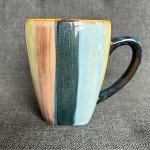 Colorful, Striped Coffee Mug with Square Bottom, Blue, Tan, Yellow, Pink, 16 oz